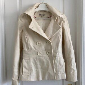 Ivory Double-Breasted Pea Coat with Flattering Shape and Removable Hood - Size S